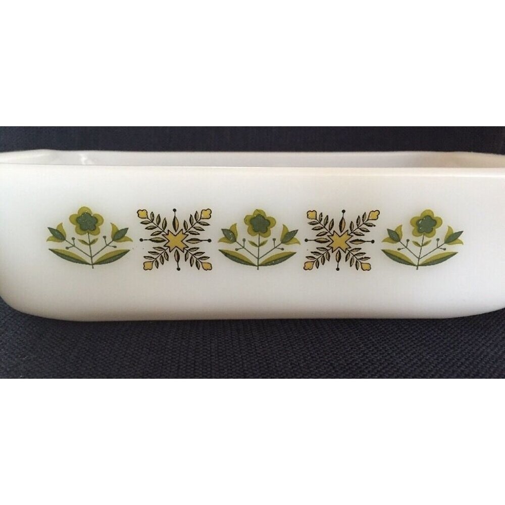 Anchor Hocking Fire King Ovenwear 1QT USA Baking Dish Green Flowers Meadow Retro